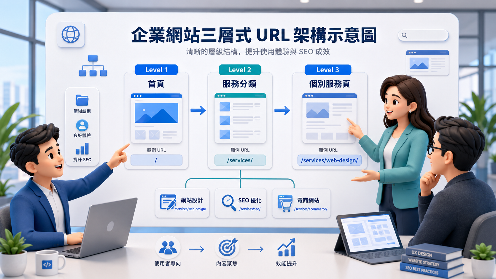 SEO 基礎架構規劃示意圖，展示企業客製化網站費用中 SEO 建置項目的完整範疇
